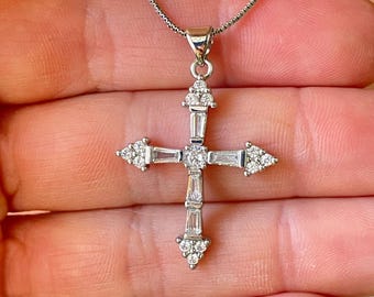 Large Silver Crystal Cross Necklace: 14k White Gold Filled Pendant, CZ 18”-20” Adjustable Box Chain, women, girls gift