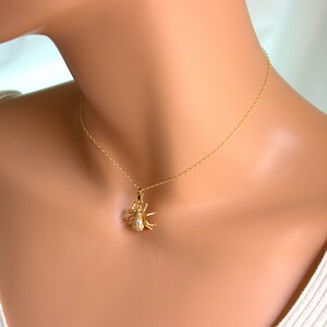 May include: A gold chain necklace with a small, sparkling spider pendant. The spider is made of gold and has clear crystals for its body and legs.