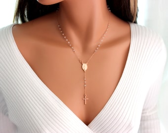 BEST SELLER Rose Gold Rosary Necklace Rainbow Moonstone Mary Catholic Rosaries Miraculous Lariat Y Style Necklaces Jewelry Gift for her