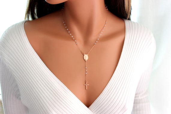 BEST SELLER Rose Gold Rosary Necklace Rainbow Moonstone Mary Catholic Rosaries Miraculous Lariat Y Style Necklaces Jewelry Gift for her