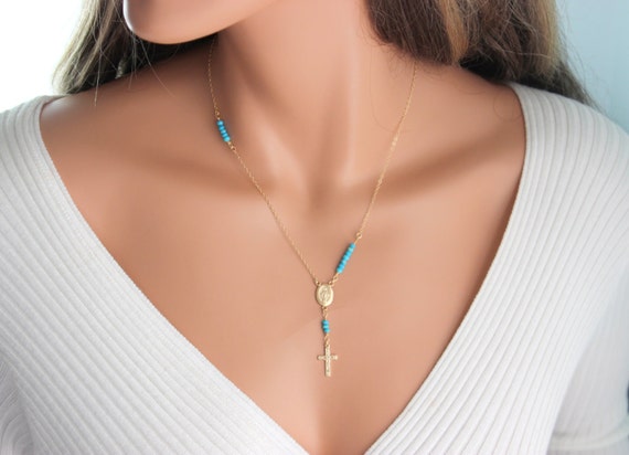 Rosary Necklace Inspired Y Style Turquoise  Gold Filled Cross Miraculous Sterling Silver Minimalist Delicate 7 5 3 Symbloic Jewelry Gift