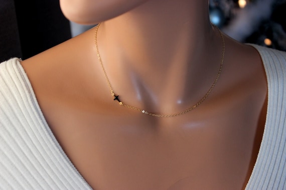 Gold Sideways Cross Necklace Women Little Girls Small Tiny Dainty Black Sideway Charm Dainty Pendant Unique Christian Necklaces