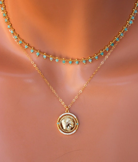 Gold Coin Necklace Women Ancient Coin Pendant Necklaces Turquoise Amazonite Roman Coin Gold Chain Set Multi Layer Double Strand Gift For Her