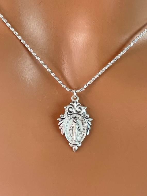 Sterling Silver Miraculous Necklace Mother Mary Charm Necklaces Sterling Silver Women Catholic Jewelry Gift