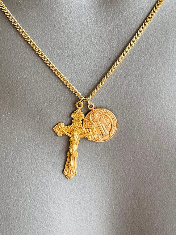 Men’s gold crucifix cross necklace Saint Benedict pendant necklace double pendant necklaces men catholic Women unisex  sterling silver gift