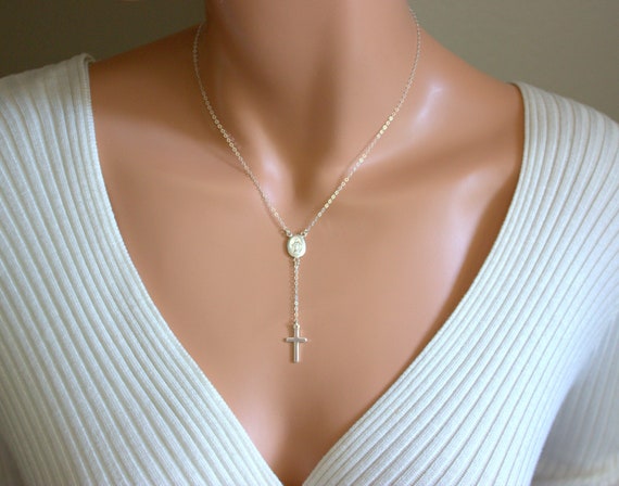 925 Sterling Silver Cross Necklace Women Rose Gold Rosary Inspired Necklaces Simple Delicate Lariat Minimalist Rosaries