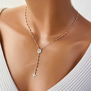Rose Gold Rosary Necklace for Women Miraculous Catholic Jewelry Cross Necklaces Mary Miraculous Rosary Gift Rosaries Protection 4MM BEADS