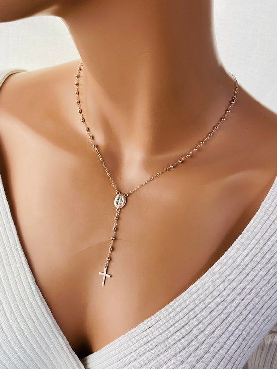 Rose Gold Rosary Necklace for Women Miraculous Catholic Jewelry Cross Necklaces Mary Miraculous Rosary Gift Rosaries Protection 3mm beads