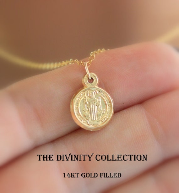 Gold Benedict Charm Necklace Small Tiny Benedict Necklaces Women Girls Protection Catholic Gift