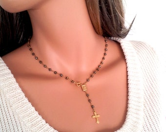 Gold Rosary Necklace Women Crucifix Cross Charm Necklaces Catholic Jewelry Gift Natural Pyrite Rosaries Religious Medals