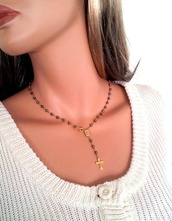Gold Rosary Necklace Women Crucifix Cross Charm Necklaces Catholic Jewelry Gift Natural Pyrite Rosaries Religious Medals