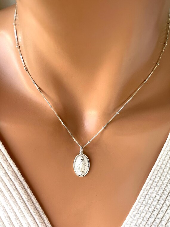 Sterling Silver Miraculous Medal Necklace: 925 Silver Satellite