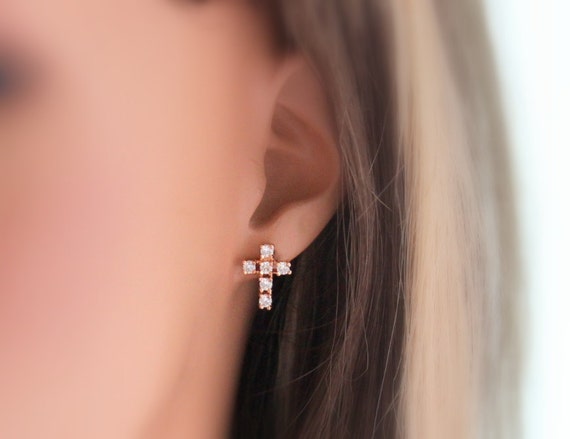 Crystal Cross Earrings Rose Gold Filled Stud Women Girl Chritian Catholic Jewelry Confirmation Gift High Quality