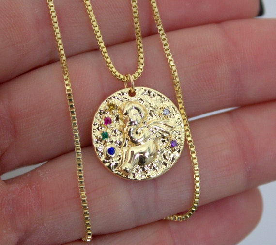Gold Angel Pendant Necklace Gold Medallion Necklace Gold Coin Necklace