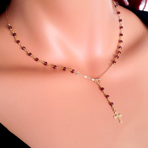 Small Petite Rosary Necklace Garnet Gemstone Red Burgundy Women Girls C9onfirmation Gift READ DESCRIPTION