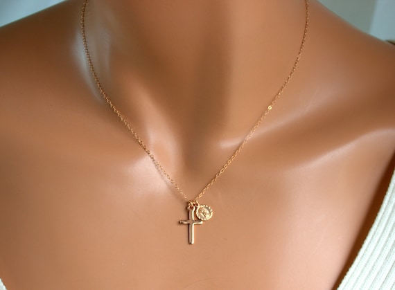 Rose Gold Filled Guadalupe Charm Necklace Women Sterling Silver Cross Double Pendant Necklaces Catholic