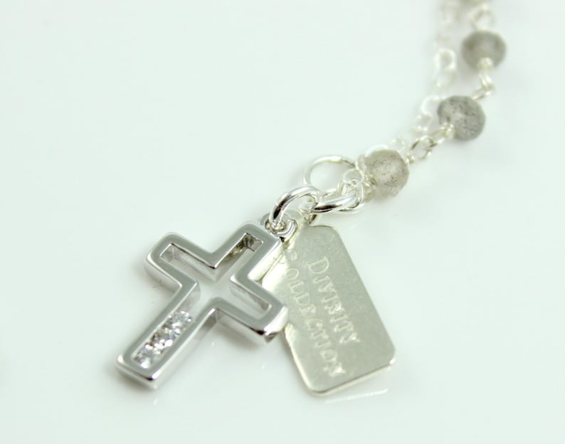 Sterling Silver Crystal Cross Bracelet Pendant Labradorite Gemstones Double Chain Charm Bracelets High Quality Jewelry Womens Girls Gift