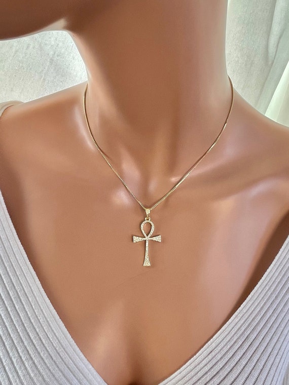 Gold Ankh Cross Necklace CZ Ankh Pendant Necklaces Gold Filled Large Ankh Charm Necklace Box chain Big pave Ank necklace gift