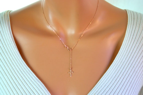 Tiny Rose Gold Cross Infinity Necklace Small Delicate Jewelry Lariat Y Necklaces Women Young Girls Confirmation Simple Gift for her