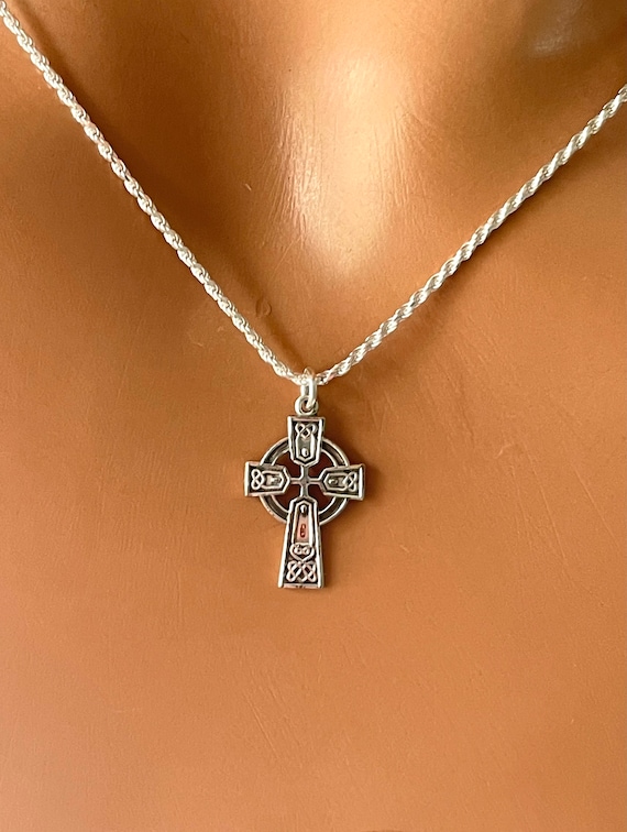 925 Sterling silver Celtic Cross charm necklace for women girls boys, rope chain, Irish jewelry, cross necklace gift for Mom Catholic Cross