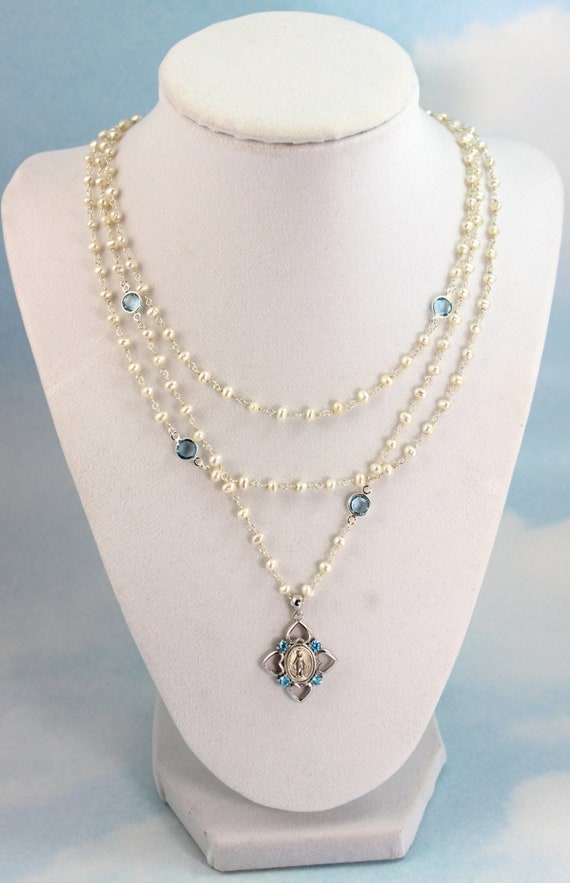 Sterling Silver Pearl Miraculous Medal Pendant Necklace Virgin Mary Charm Multi Strand Necklaces Light Blue Crystals Women Catholic Jewelry