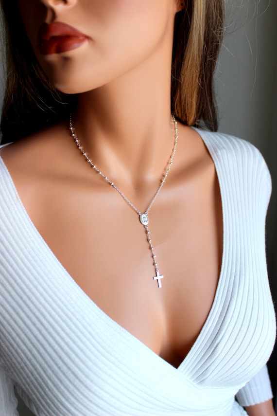 Sterling Silver Rosary Necklace Women Pyrite Rosaries Miraculous Medallion Simple Delicate Cross Necklaces Gift