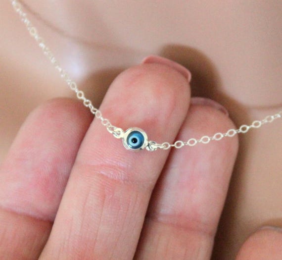 Tiny Evil Eye Necklace Sterling Silver Gold Filled Small Blue Eyes Minimalist Kabbalah Jewelry Simple Delicate Dainty Women Girls