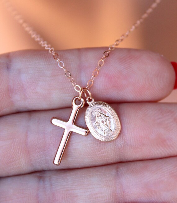 Rose Gold Filled Cross Necklace Women Miraculous Mary Double Charm Charm Religious Sterling Silver Necklaces Catholic Faith Gift