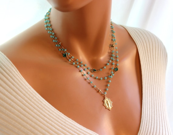 Gold Mother Mary Miraculous Necklace Women Aqua Green Swarovski Multi Strand Rosary Necklaces Catholic Jewelry Gift Mom