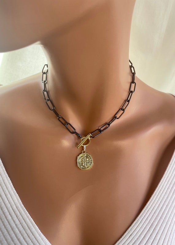 Gold Coin Necklace, Saint Benedict Cross Gold Chunky Choker, Dark Chain black Gunmetal Necklaces Thick Chain, Toggle Front, Coin Necklaces
