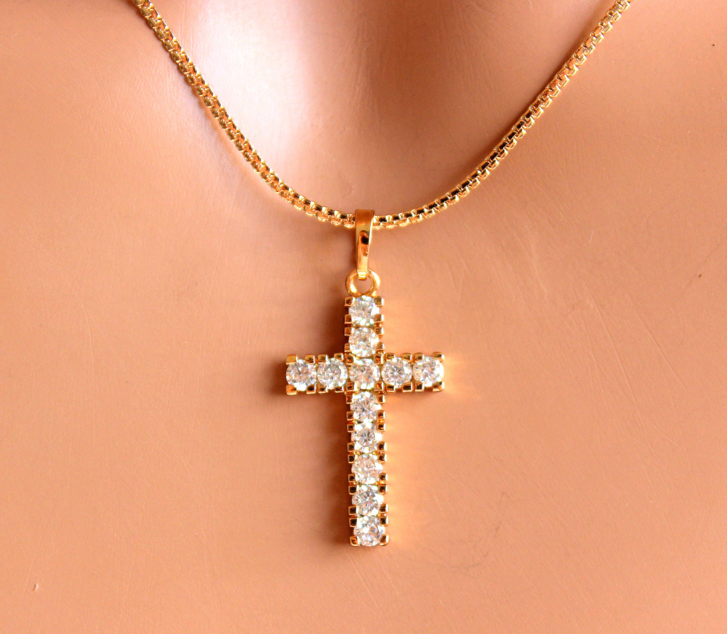 Gold Cross Necklace Women Superb Quality 18kt Gold Filled Pave Etsy