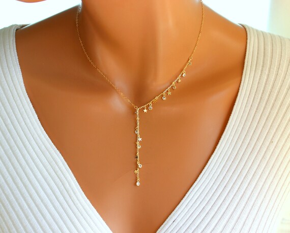 BEST SELLER Gold Lariat Nercklace Women Gold Necklace Star Bezel Chain Necklaces Y Style Choker Necklace Girls Unique Gift for her