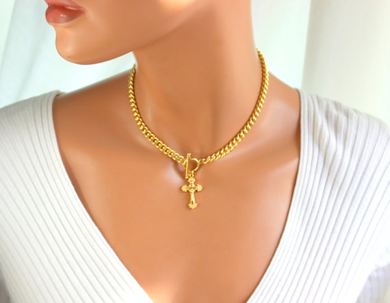 Gold Filled Crucifix Necklace Thick Chain Choker Gold Crucifix Choker Charm Large Curb Chain Chokers Women Jewelry Gift Best Seller