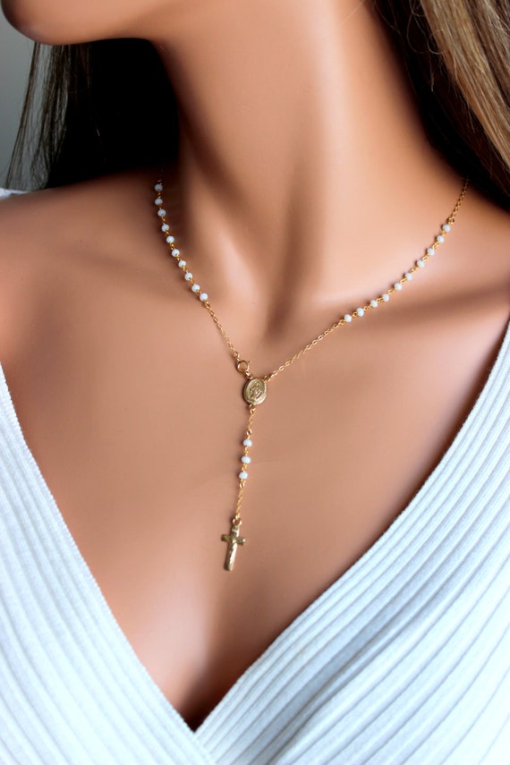 Gold Rosary Necklace 14kt Gold Filled Womens white opaque, crystal, unique lariat, cross necklace, Miraculous Medal