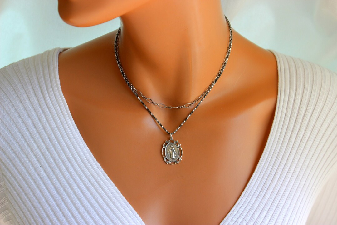 Sterling Silver Mary Miraculous Medal Necklace Women Virgin Mary Charm ...