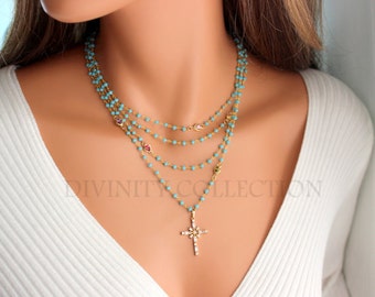 BEST SELLER Gold Rosary Necklace Women Multi Strand Crystal Cross Jewelry Necklaces Colorful Turquoise Christian Gift for her