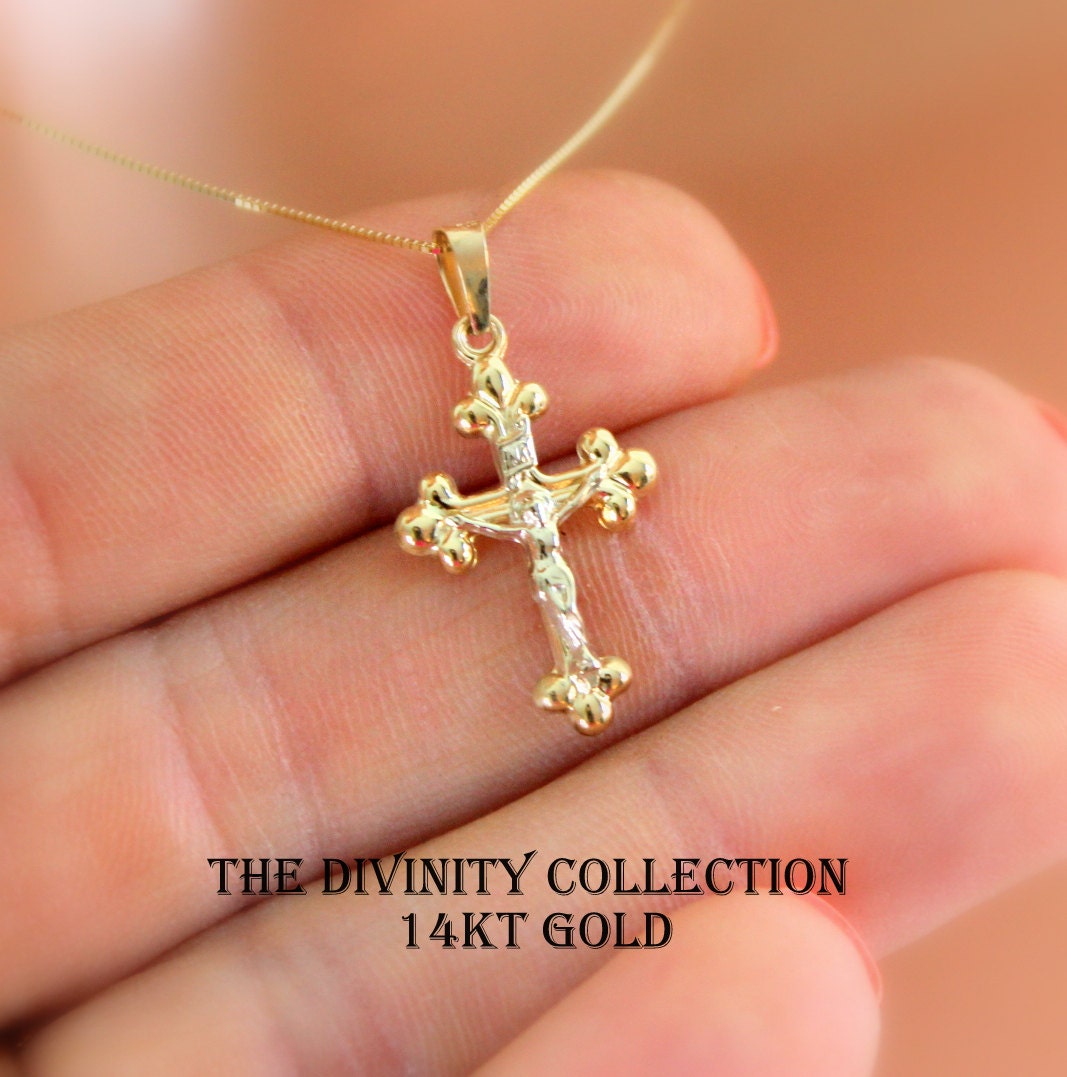 SOLID 14KT GOLD Crucifix Cross Necklace Multi Tone Women Girls Etsy