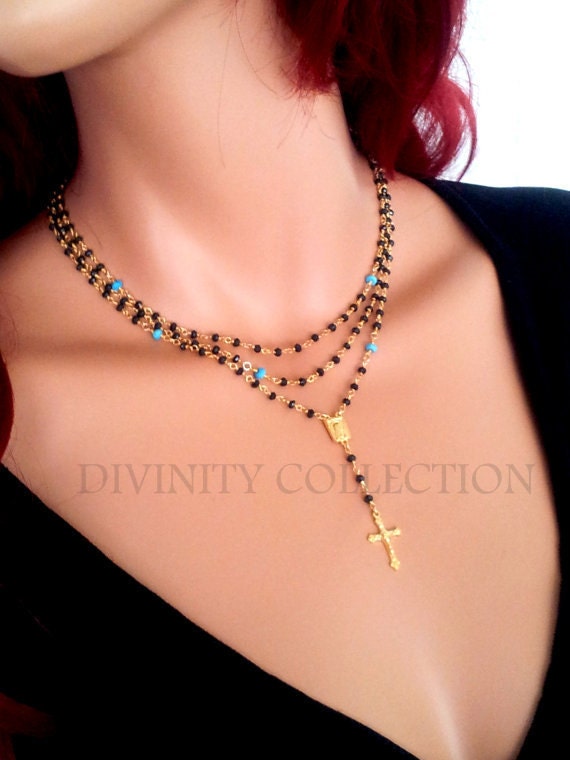 Black Spinel Rosary Necklace Women Girls Turquoise Rosaries Small Gold Filled Cross Custom Made Necklace Black Gemstone