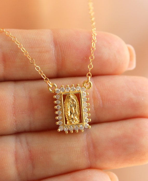 BEST SELLER Our Lady of Guadalupe Charm Necklace Small Dainty Rectangle Gold Guadalupe Pendant Necklace Women Religious Jewelry Gift