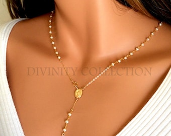 BEST SELLER Pearl Rosary Necklace Women Gold Rosary Necklaces Catholic Jewelry Plain Cross Confirmation Anniversary Gift, Miraculous