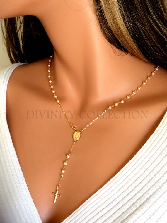 BEST SELLER Pearl Rosary Necklace Women Gold Rosary Necklaces Catholic Jewelry Plain Cross Confirmation Anniversary Gift, Miraculous