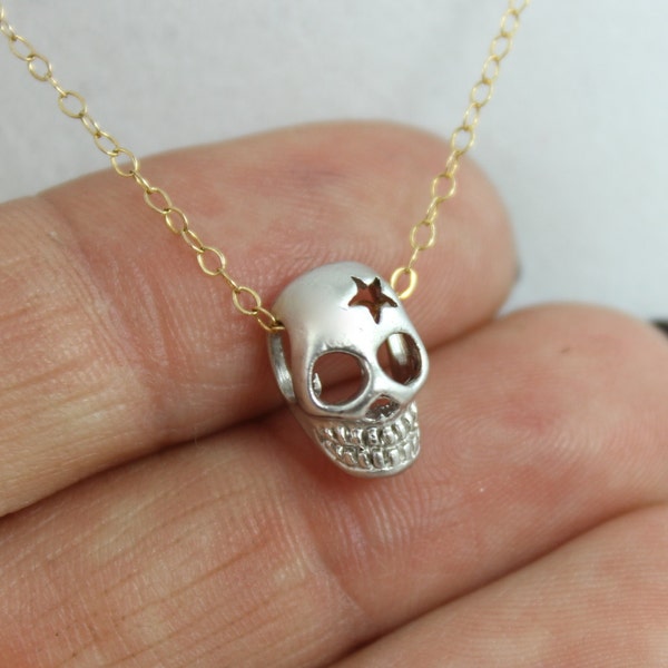 BEST SELLER Dainty Silver Skull Necklace Gold Two Tone Small Skulls Pendant Girls Women Cute Tiny Skulls Delicate