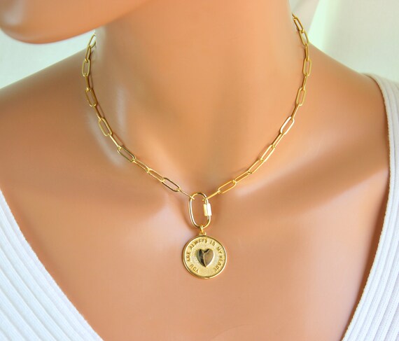Gold Heart Choker Necklace Carabiner Chain Necklace Gold Filled Chunky Paper Clip Chain Heart Charm Women Girls Coin Necklace