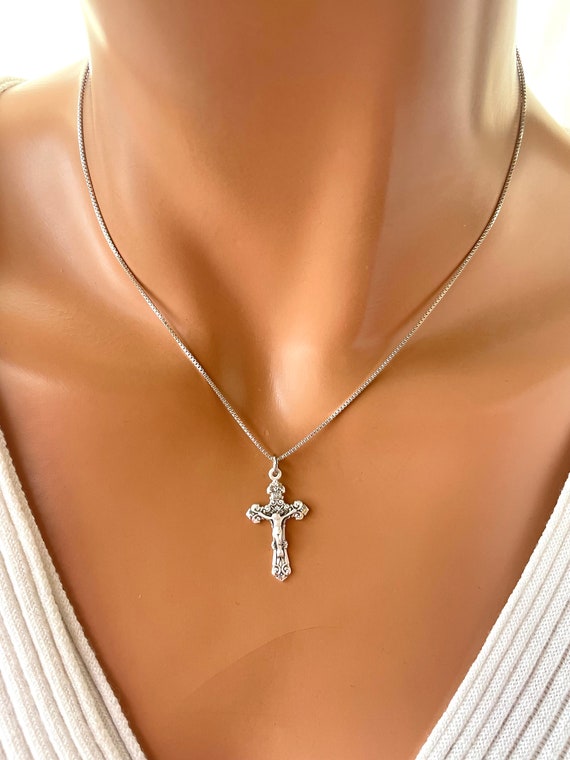 Sterling silver crucifix cross necklace for women girls Box chain Jesus  925 silver cross charm necklaces Catholic jewelry confirmation gift