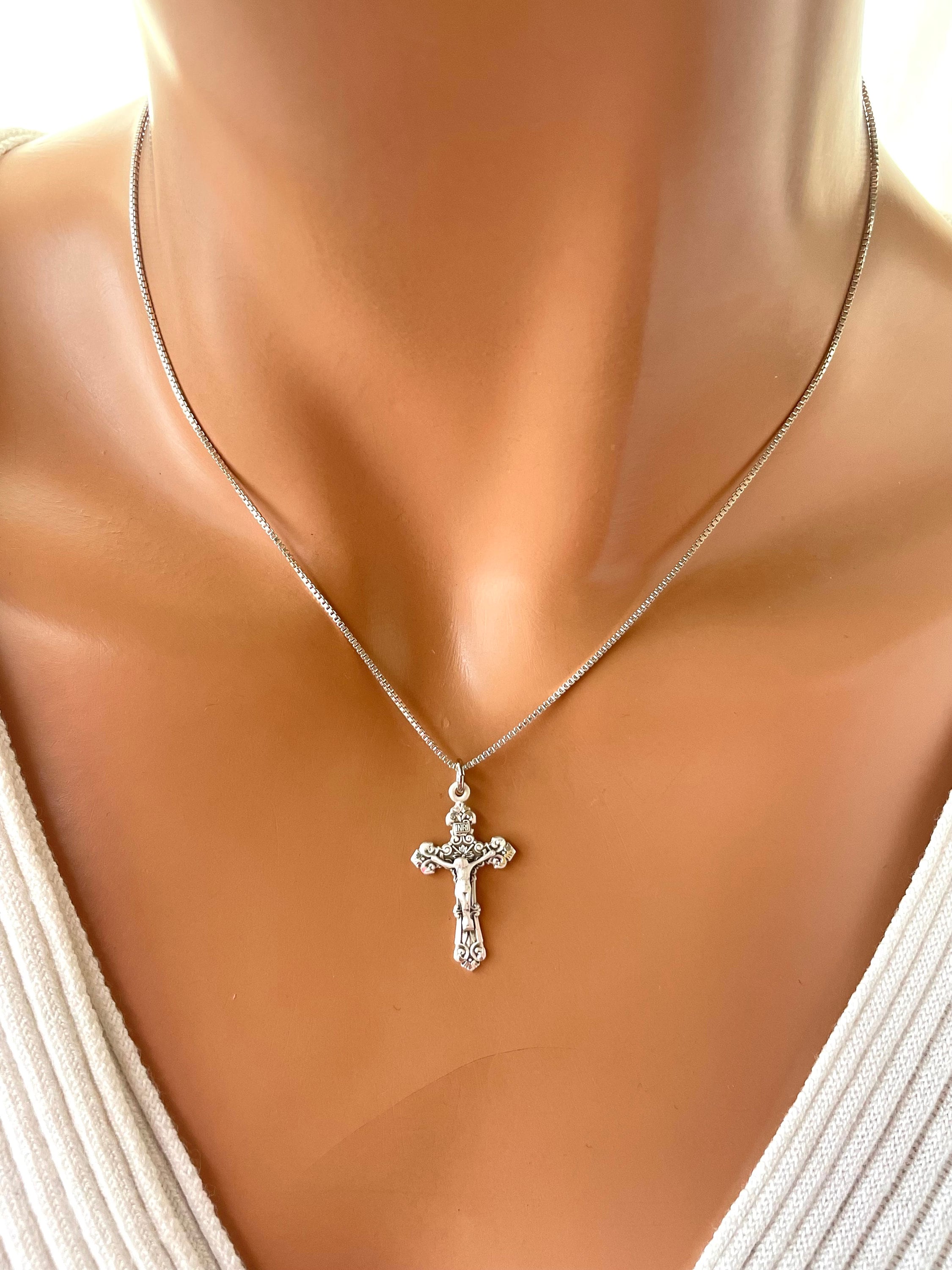 Sterling Silver Crucifix Necklace: Italian Filigree Cross, Box