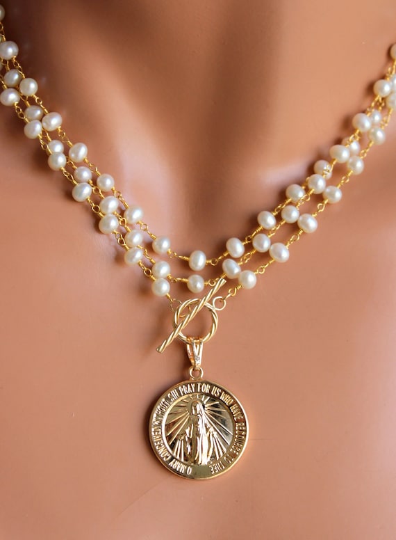 Pearl Necklace Women Gold Mary Pendant Necklace Multi Strand Pearl