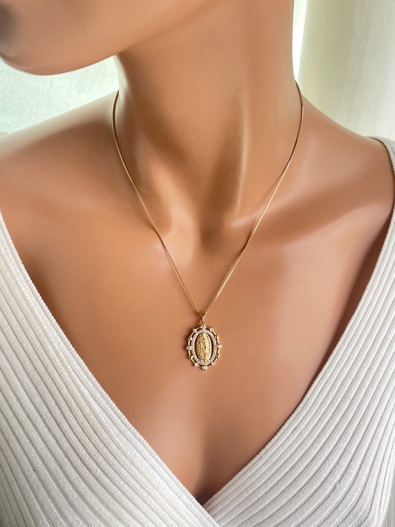 Rose gold Our lady of Guadalupe pendant necklace women Catholic jewelry gift for mom Mary charm necklace gold filled Guadalupe necklaces