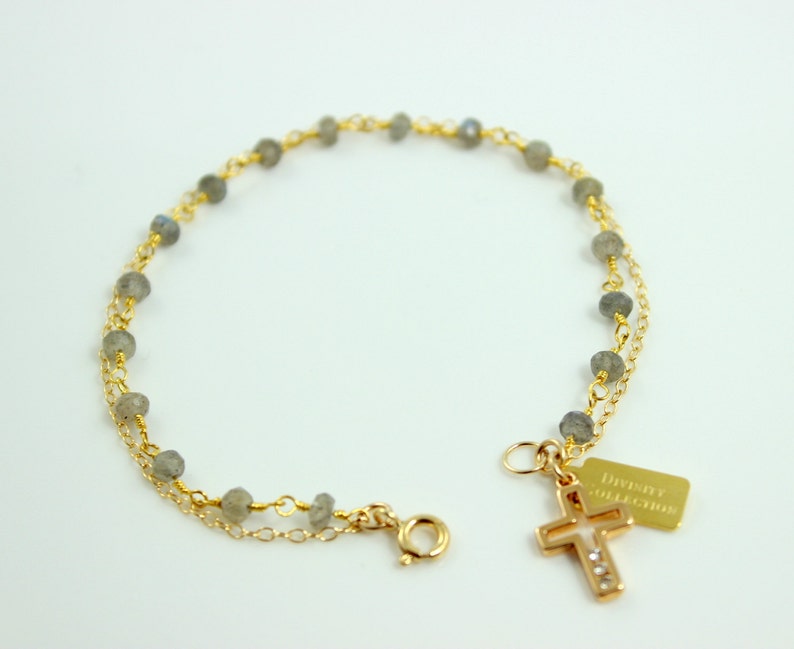 Sterling Silver Crystal Cross Bracelet Pendant Labradorite Gemstones Double Chain Charm Bracelets High Quality Jewelry Womens Girls Gift