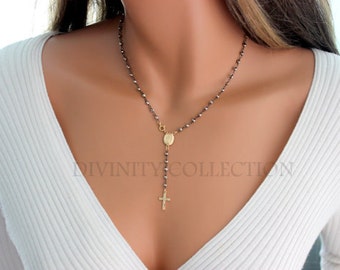 Gold Rosary Necklace 14kt Gold Filled Pyrite Gemstone Womens Cross Pendant Miraculous Medal Rosary gift mom