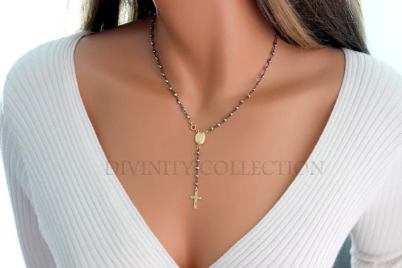 Gold Rosary Necklace 14kt Gold Filled Pyrite Gemstone Womens Cross Pendant Miraculous Medal Rosary gift mom